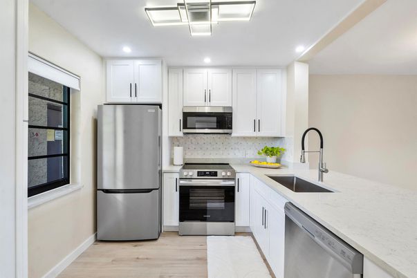 Interior, Kitchen, Recessed Lighting, Stainless Steel Appliances, Wood Texture Flooring
