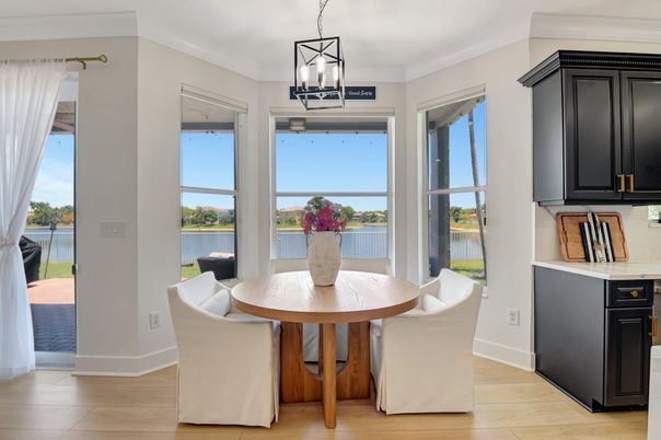 Dining room, Interior, Pendant Lights, Water, Wood Texture Flooring