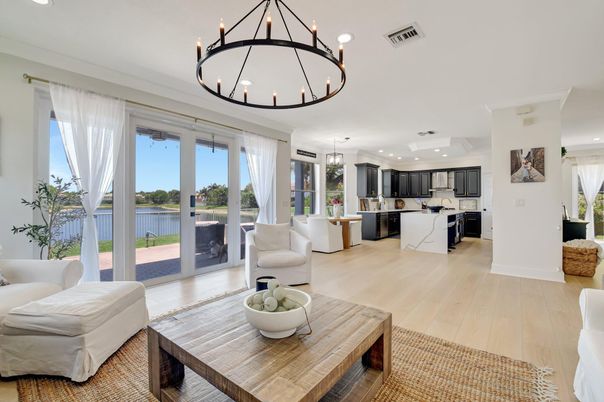 Chandelier, Interior, Kitchen, Living room, Pendant Lights, Recessed Lighting, Water, Wood Texture Flooring