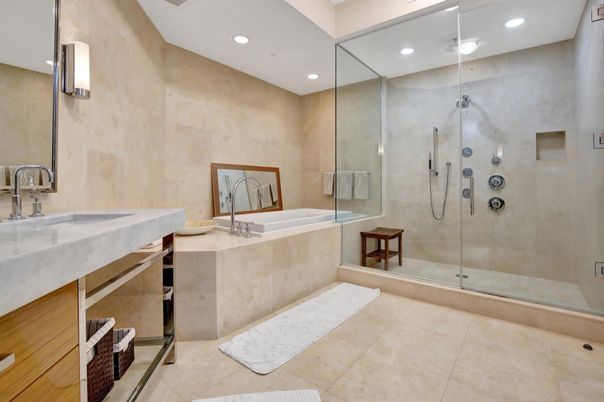 Bathroom, Glass Shower, Interior, Recessed Lighting