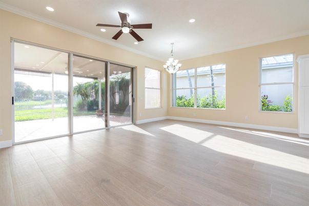 Chandelier, Empty room, Interior, Recessed Lighting, Wood Texture Flooring