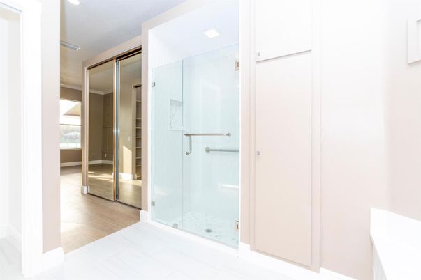 Bathroom, Glass Shower, Interior, Recessed Lighting, Wood Texture Flooring