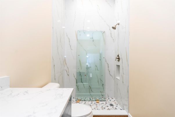 Bathroom, Glass Shower, Interior, Marble Walls
