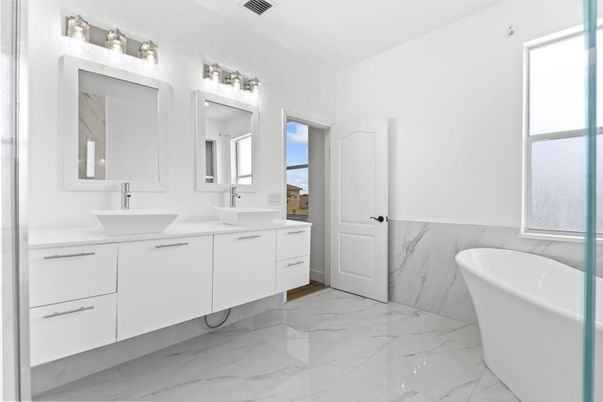 Bathroom, Dual Sink Vanities, Free Standing Baths, Interior, Marble, Marble Walls