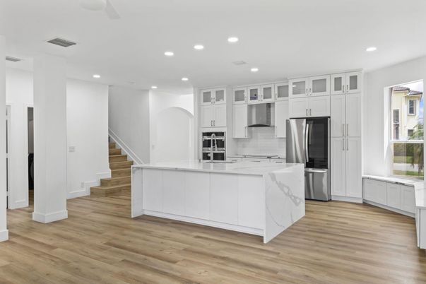 Interior, Kitchen, Recessed Lighting, Stainless Steel Appliances, Wood Texture Flooring