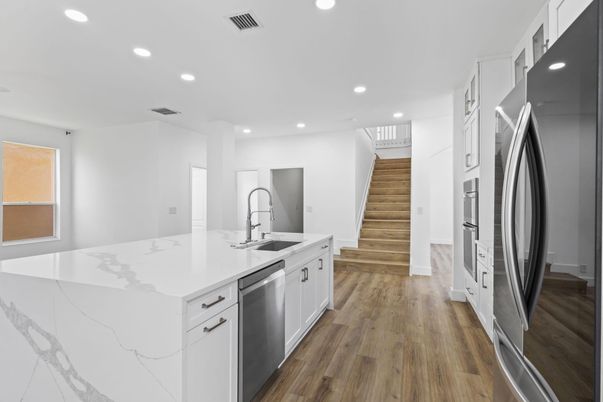 Interior, Kitchen, Recessed Lighting, Stainless Steel Appliances, Wood Texture Flooring
