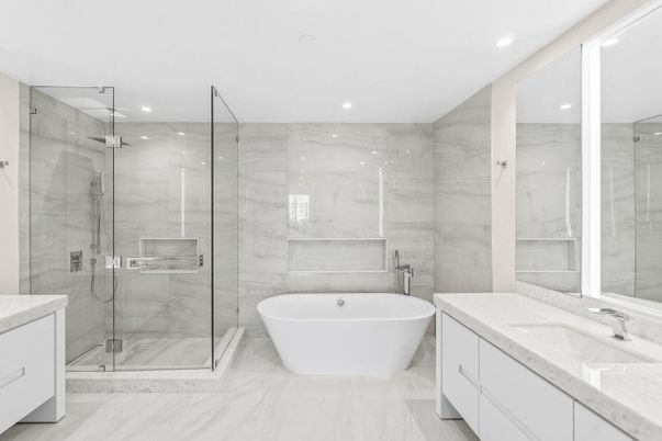 Bathroom, Dual Sink Vanities, Free Standing Baths, Glass Shower, Interior, Marble, Marble Walls, Recessed Lighting