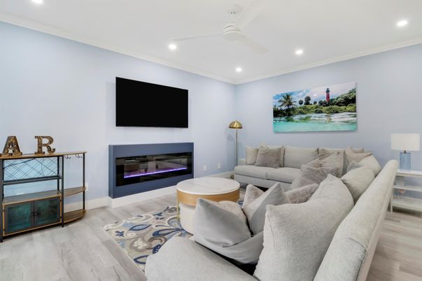 Fireplace, Interior, Living room, Recessed Lighting, Wood Texture Flooring