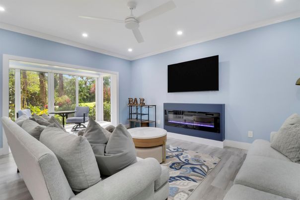 Fireplace, Interior, Living room, Recessed Lighting, Wood Texture Flooring