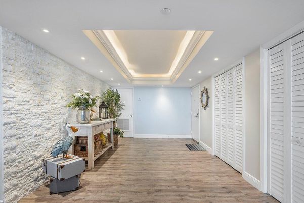 Interior, Recessed Lighting, Stone Walls, Wood Texture Flooring