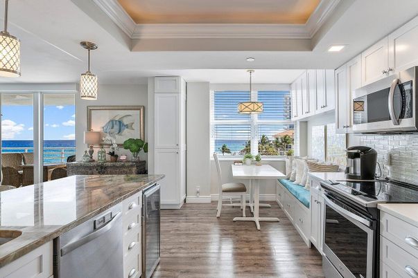 Interior, Kitchen, Pendant Lights, Recessed Lighting, Stainless Steel Appliances, Water, Wood Texture Flooring