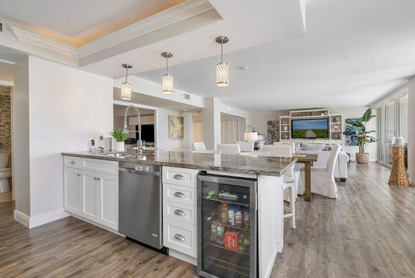 Dining room, Interior, Kitchen, Living room, Pendant Lights, Stainless Steel Appliances, Wood Texture Flooring