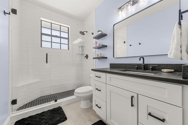 Bathroom, Glass Shower, Interior, Wood Texture Flooring
