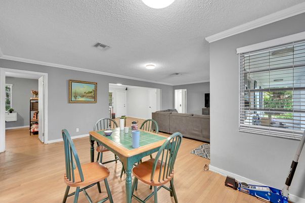 Dining room, Interior, Living room, Recessed Lighting, Wood Texture Flooring
