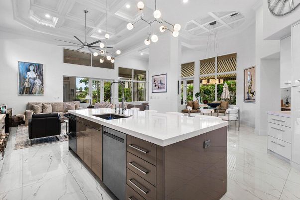 Dining room, Interior, Kitchen, Living room, Marble, Pendant Lights, Recessed Lighting
