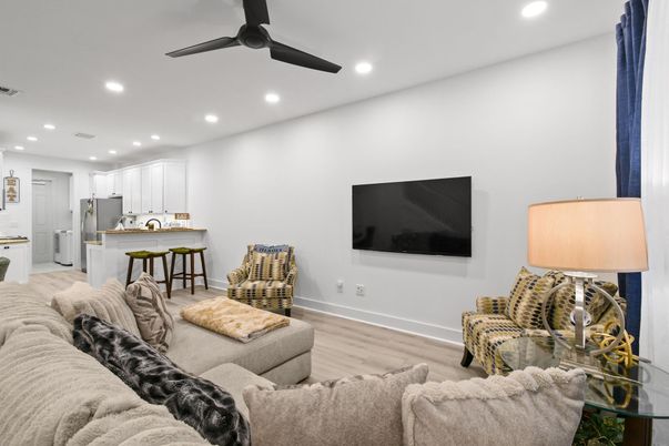 Interior, Kitchen, Living room, Recessed Lighting, Wood Texture Flooring