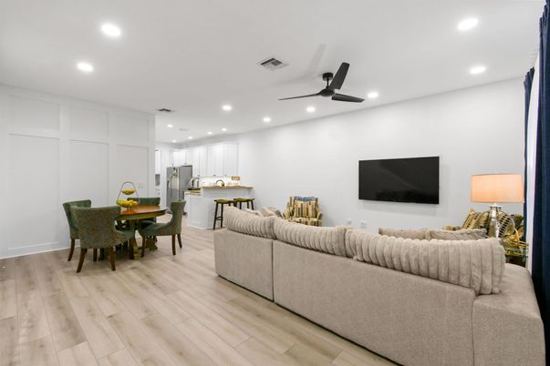 Dining room, Interior, Kitchen, Living room, Recessed Lighting, Wood Texture Flooring