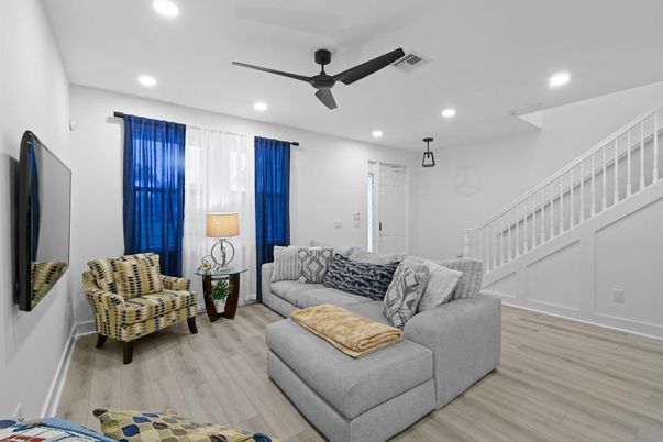 Interior, Living room, Recessed Lighting, Wood Texture Flooring