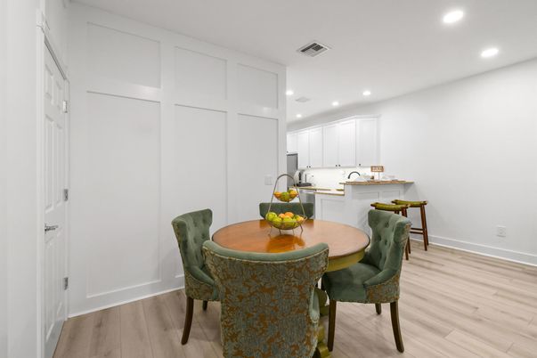 Dining room, Interior, Kitchen, Recessed Lighting, Wood Texture Flooring