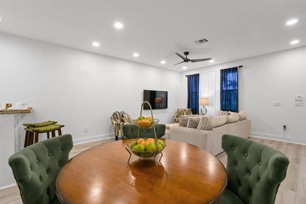 Dining room, Interior, Living room, Recessed Lighting, Wood Texture Flooring