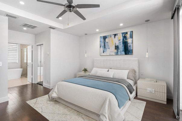 Bedroom, Interior, Pendant Lights, Recessed Lighting, Wood Texture Flooring