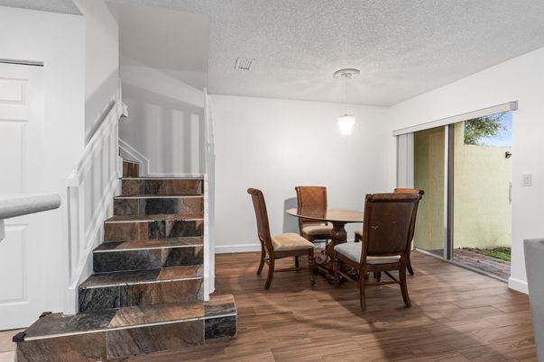 Dining room, Interior, Pendant Lights, Wood Texture Flooring