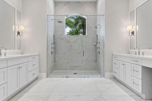 Bathroom, Dual Sink Vanities, Glass Shower, Interior, Marble, Marble Walls