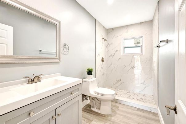 Bathroom, Interior, Marble Walls, Wood Texture Flooring