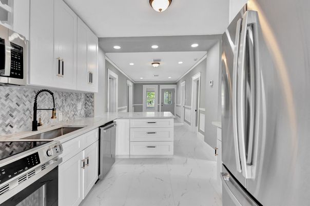 Interior, Kitchen, Marble, Recessed Lighting, Stainless Steel Appliances