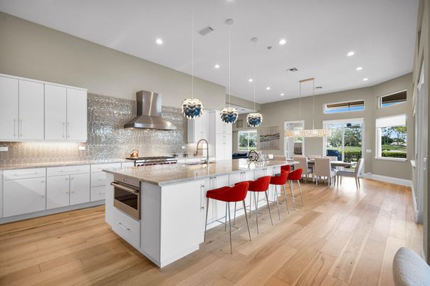 Dining room, Interior, Kitchen, Pendant Lights, Recessed Lighting, Stainless Steel Appliances, Wood Texture Flooring