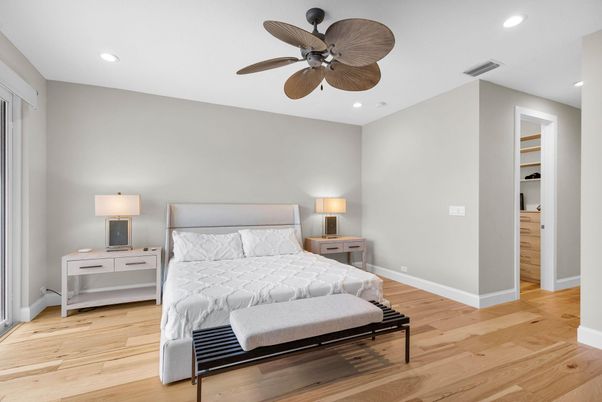Bedroom, Interior, Recessed Lighting, Wood Texture Flooring