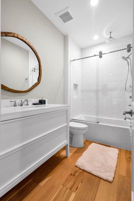 Bathroom, Glass Shower, Interior, Recessed Lighting, Wood Texture Flooring