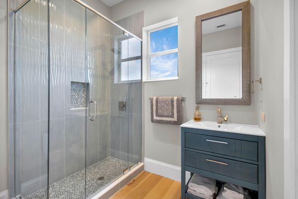 Bathroom, Glass Shower, Interior, Wood Texture Flooring