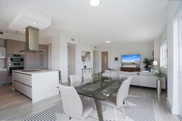 Dining room, Interior, Kitchen, Living room, Recessed Lighting, Stainless Steel Appliances, Wood Texture Flooring