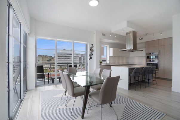 Dining room, Interior, Kitchen, Recessed Lighting, Stainless Steel Appliances, Wood Texture Flooring