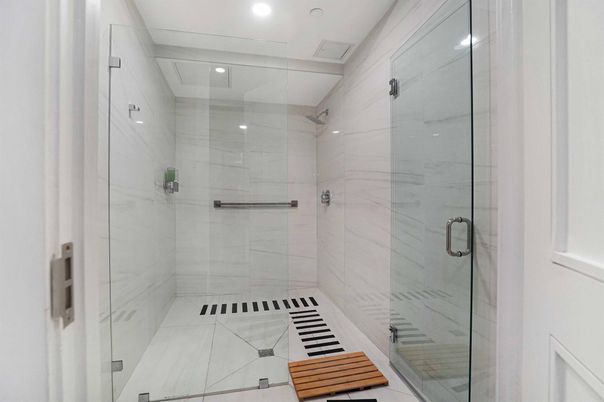 Bathroom, Glass Shower, Interior, Marble Walls, Recessed Lighting