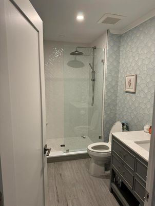 Bathroom, Glass Shower, Interior, Recessed Lighting, Wood Texture Flooring