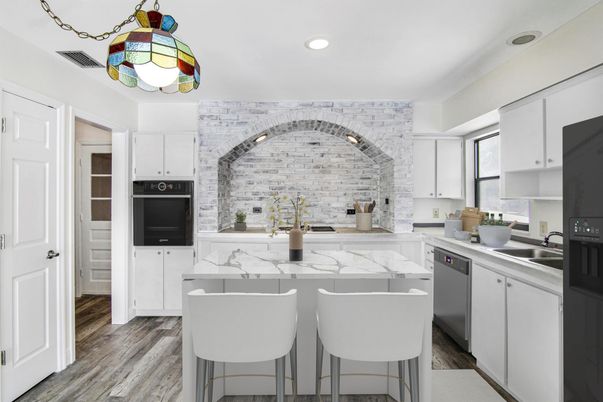 Interior, Kitchen, Recessed Lighting, Stone Walls, Wood Texture Flooring