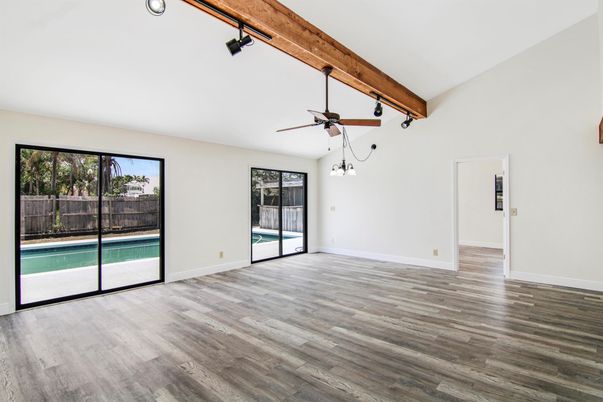 Empty room, Interior, Pendant Lights, Wooden Beams, Wood Texture Flooring