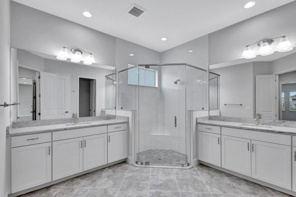 Bathroom, Dual Sink Vanities, Glass Shower, Interior, Recessed Lighting