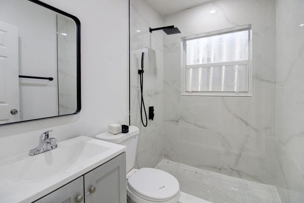 Bathroom, Glass Shower, Interior, Marble Walls, Recessed Lighting