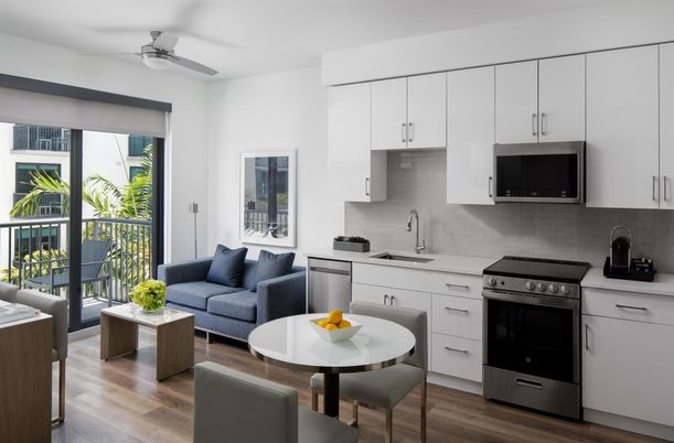 Dining room, Interior, Kitchen, Living room, Stainless Steel Appliances, Wood Texture Flooring