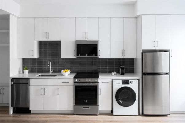 Interior, Kitchen, Stainless Steel Appliances, Washer, Wood Texture Flooring