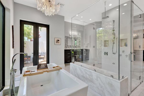 Bathroom, Chandelier, Glass Shower, Interior, Recessed Lighting
