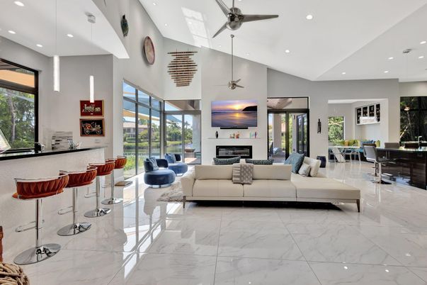 Dining room, Fireplace, Interior, Living room, Marble, Pendant Lights, Recessed Lighting