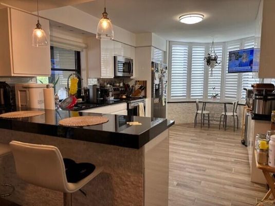 Dining room, Interior, Kitchen, Pendant Lights, Wood Texture Flooring