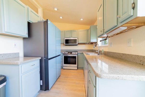 Interior, Kitchen, Recessed Lighting, Stainless Steel Appliances, Wood Texture Flooring