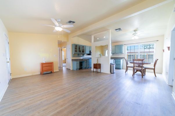 Dining room, Interior, Kitchen, Recessed Lighting, Wood Texture Flooring