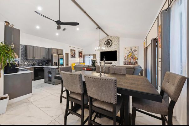 Dining room, Interior, Kitchen, Marble, Pendant Lights, Recessed Lighting, Stainless Steel Appliances