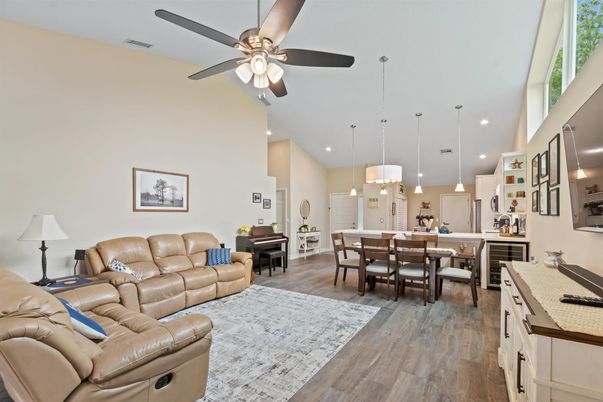 Dining room, Interior, Kitchen, Living room, Pendant Lights, Piano, Recessed Lighting, Wood Texture Flooring